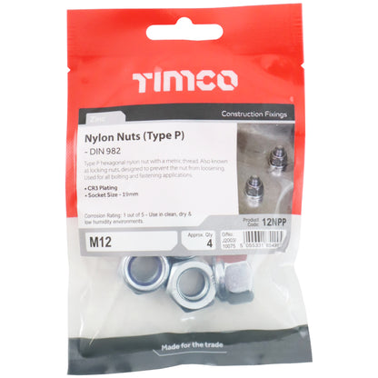 M12 Nylon Locking Nuts (Type P) - Pack of 4