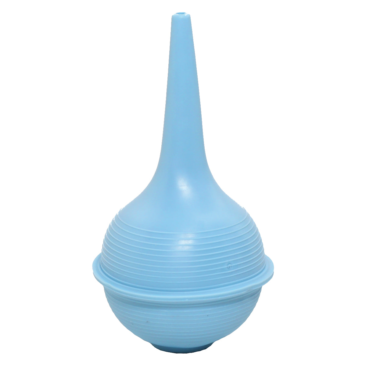 Blue rubber bulb syringe on a white background