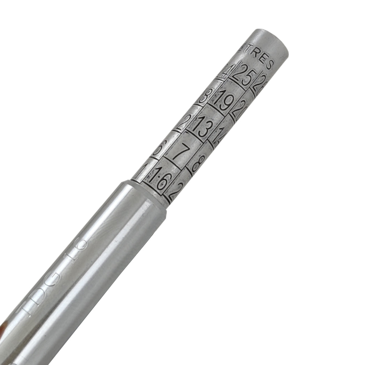 Silver pen with engraved numbers on a white background