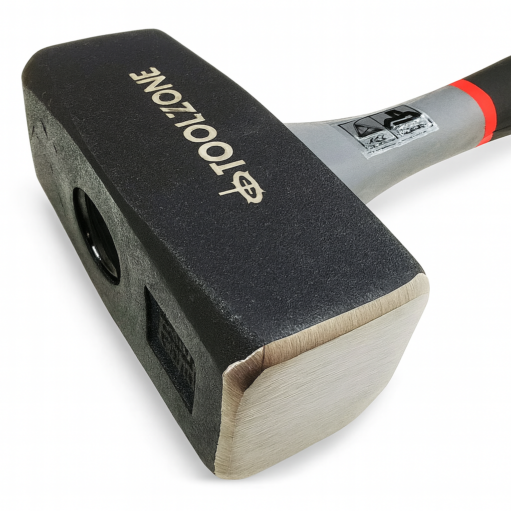 Sledgehammer with black head and wooden handle on a white background