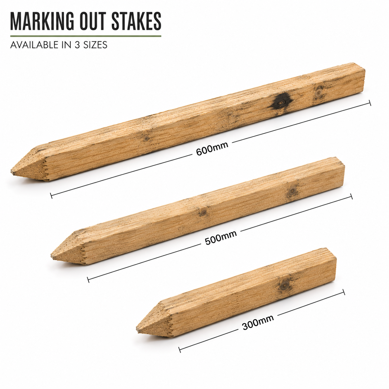 Three wooden marking out stakes in different lengths (600mm, 500mm, and 300mm) displayed on a white background with dimension lines and text indicating they are available in 3 sizes.