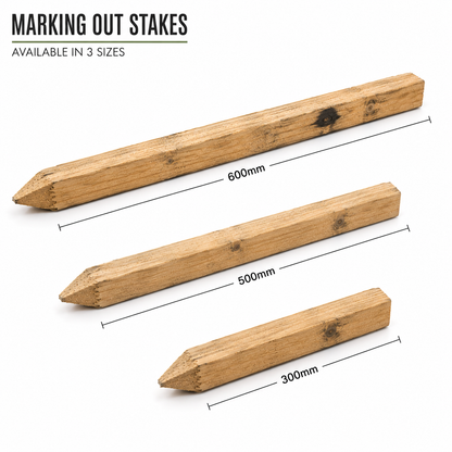 Three wooden marking out stakes in different lengths (600mm, 500mm, and 300mm) displayed on a white background with dimension lines and text indicating they are available in 3 sizes.