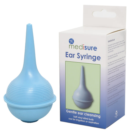 Blue ear syringe with Medisure packaging on a white background