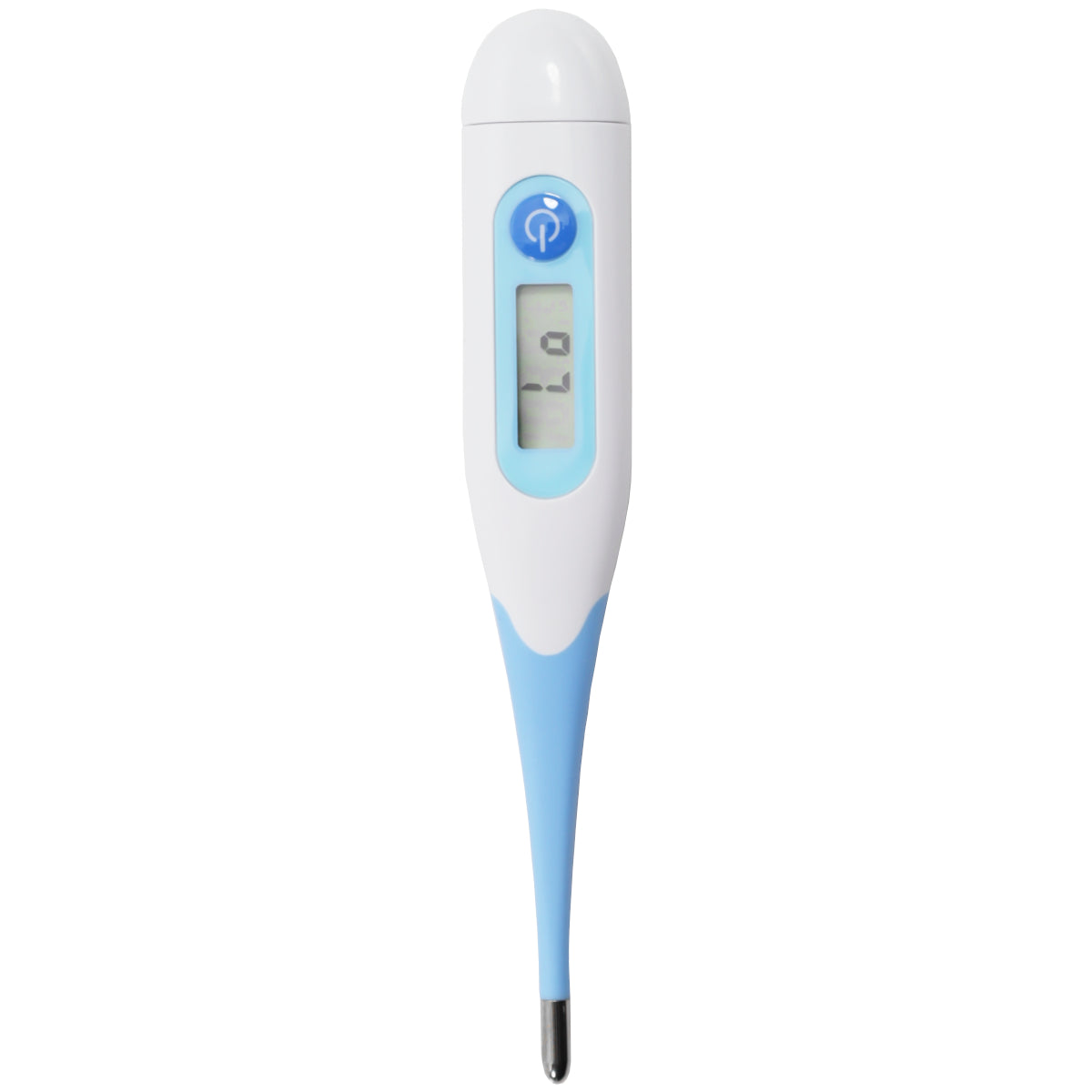 Digital thermometer with white and blue design on a white background