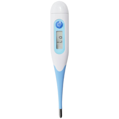 Digital thermometer with white and blue design on a white background
