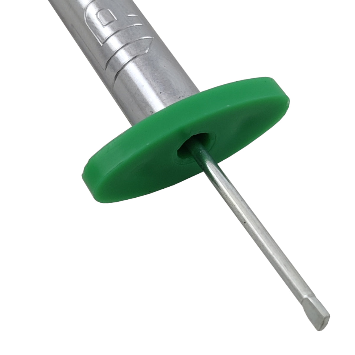 Metal screwdriver with green handle on a white background