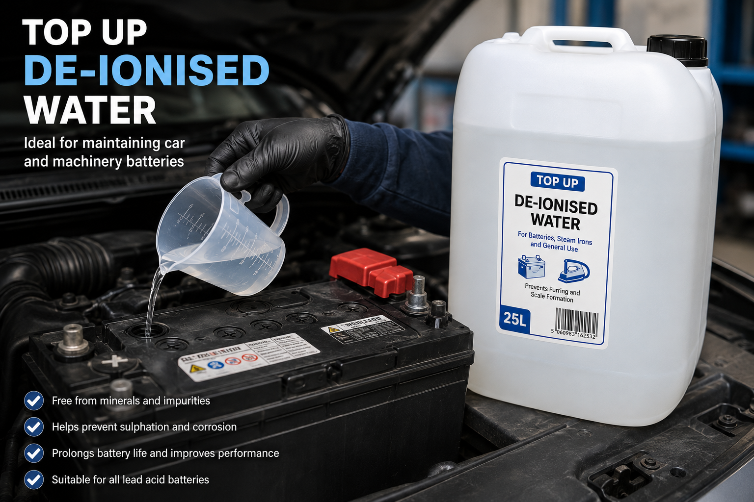 A 25L white plastic jerrycan of TOP UP De-Ionised Water is shown next to an open car battery compartment, with a gloved hand pouring water from a measuring cup into the battery. The image features promotional text overlays detailing the benefits of using de-ionised water for car and machinery batteries.