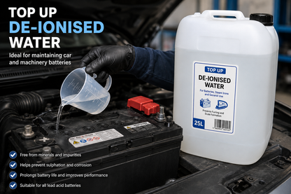 A 25L white plastic jerrycan of TOP UP De-Ionised Water is shown next to an open car battery compartment, with a gloved hand pouring water from a measuring cup into the battery. The image features promotional text overlays detailing the benefits of using de-ionised water for car and machinery batteries.