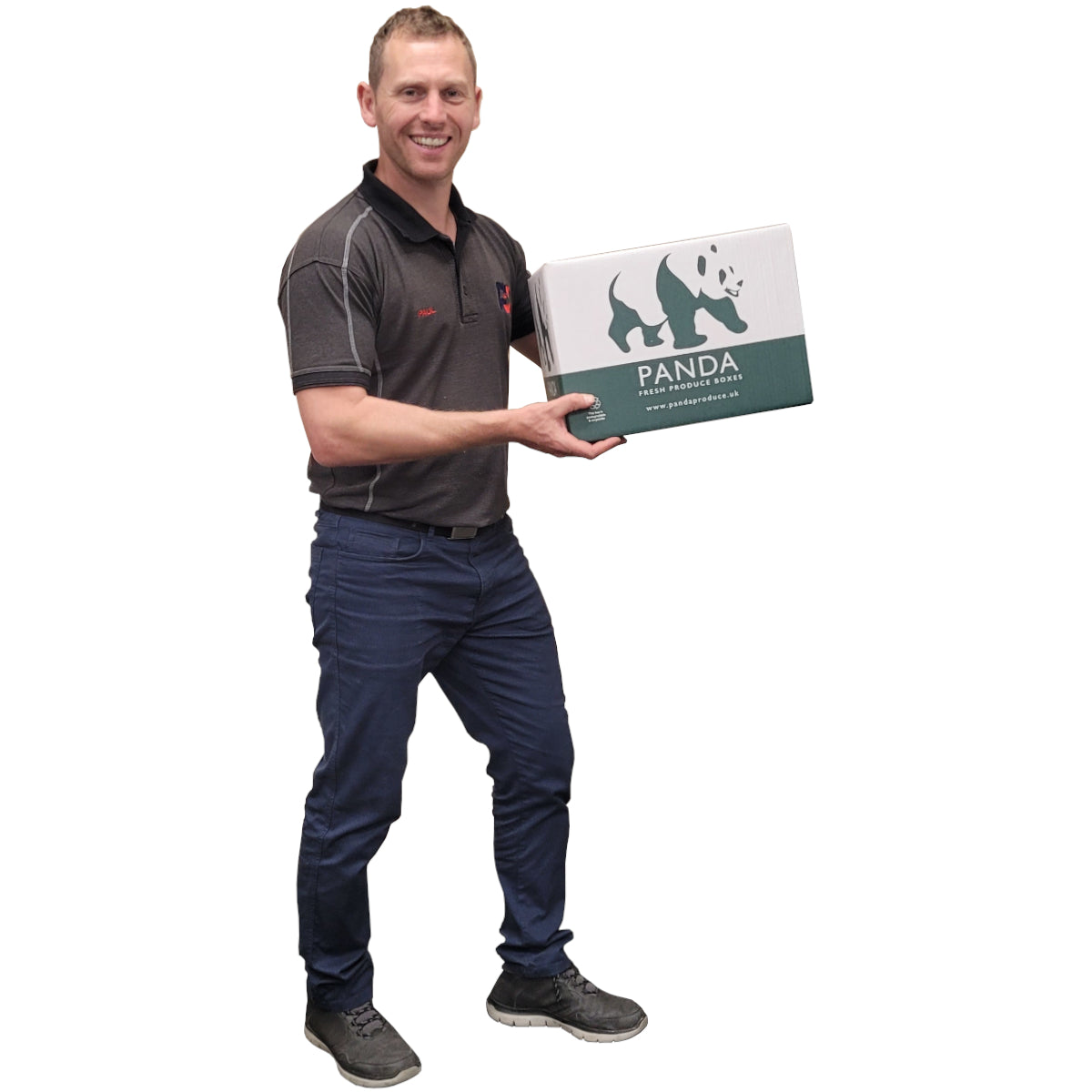 Man holding a box with 'PANDA' branding on a white background