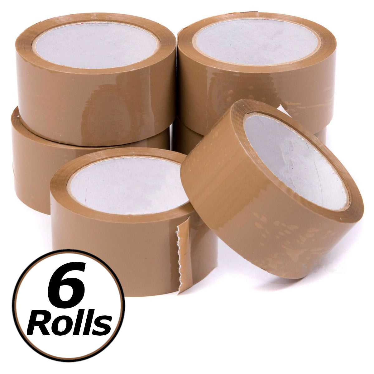 Six rolls of brown tape with a white core on a white background.