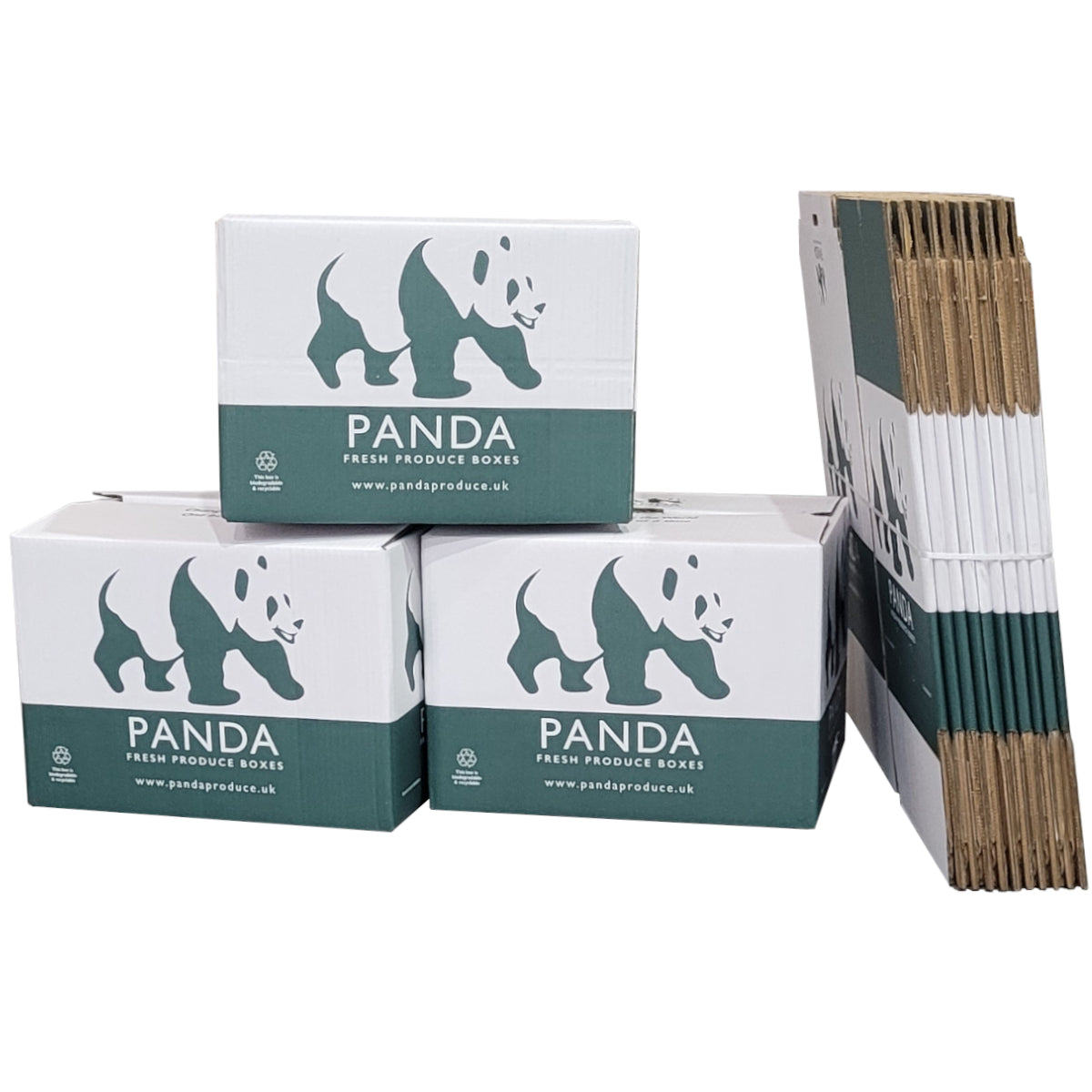 Panda branded boxes and stacks of white sticks on a white background