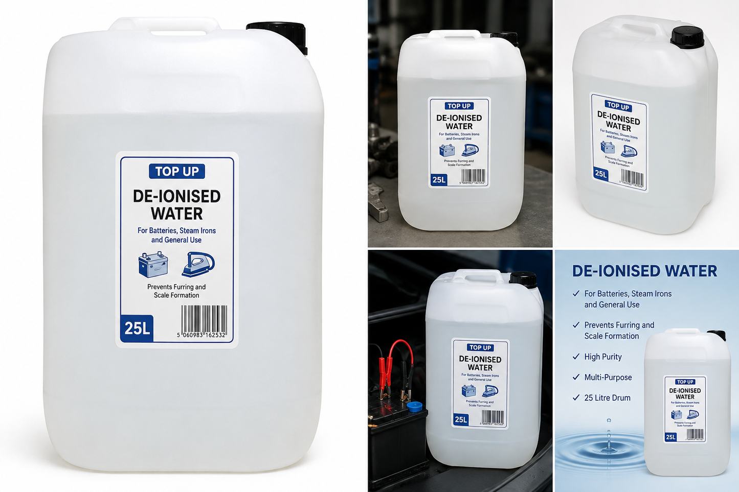 A collage showing a 25L white plastic jerrycan of TOP UP brand de-ionised water in multiple views, including a large front view, smaller angled views, and a blue informational panel with product features.