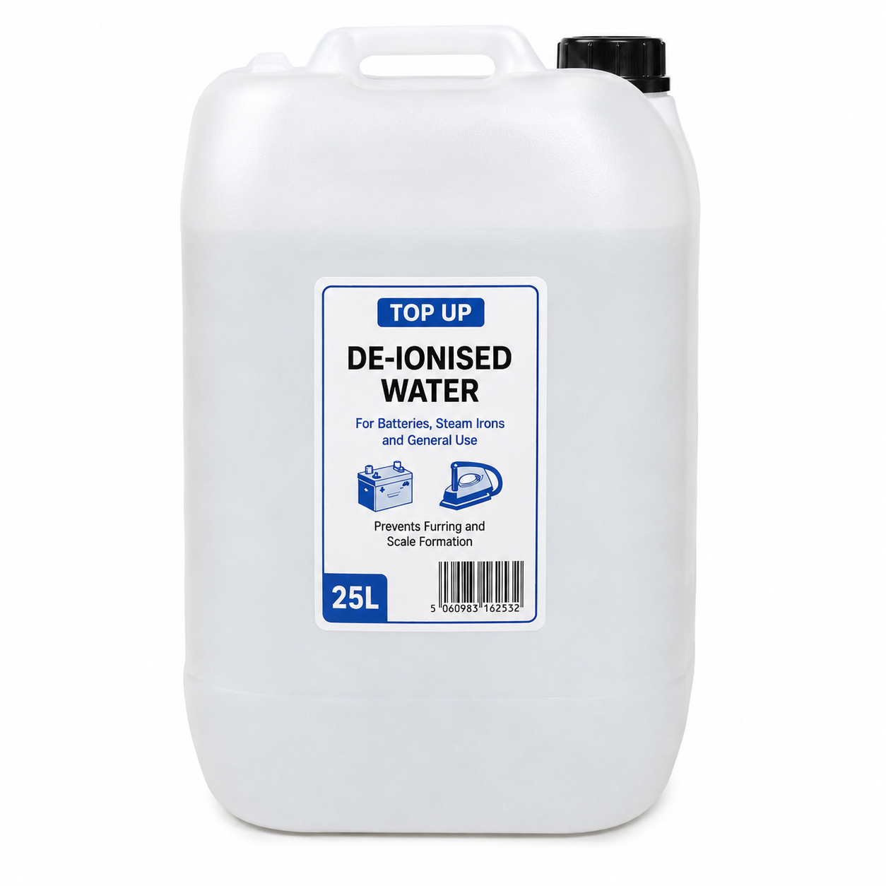 A 25L white plastic jerrycan of TOP UP De-Ionised Water, featuring a black cap and a blue and white product label, set against a plain white background.