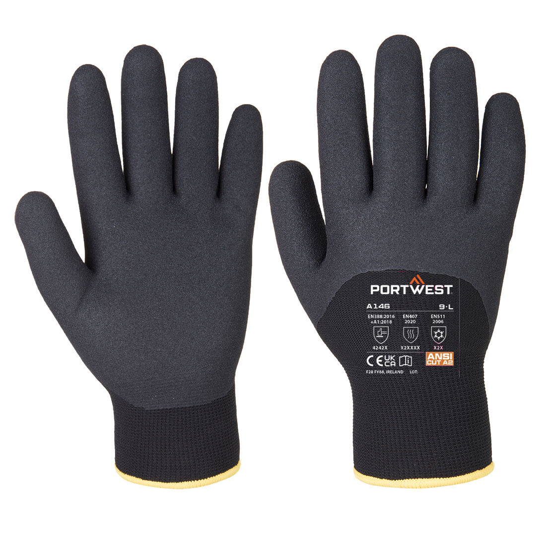 Pair of black gloves with Portwest branding on a white background