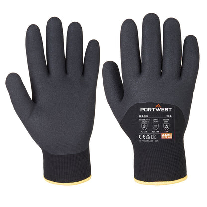 Pair of black gloves with Portwest branding on a white background