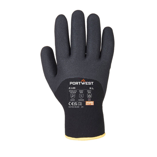 Black glove with Portwest branding on a white background
