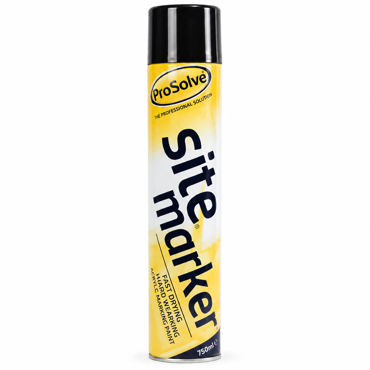 A 750ml aerosol can of ProSolve Site Marker fast drying matte masking paint, featuring a yellow and white label with a black cap, set against a plain white background.