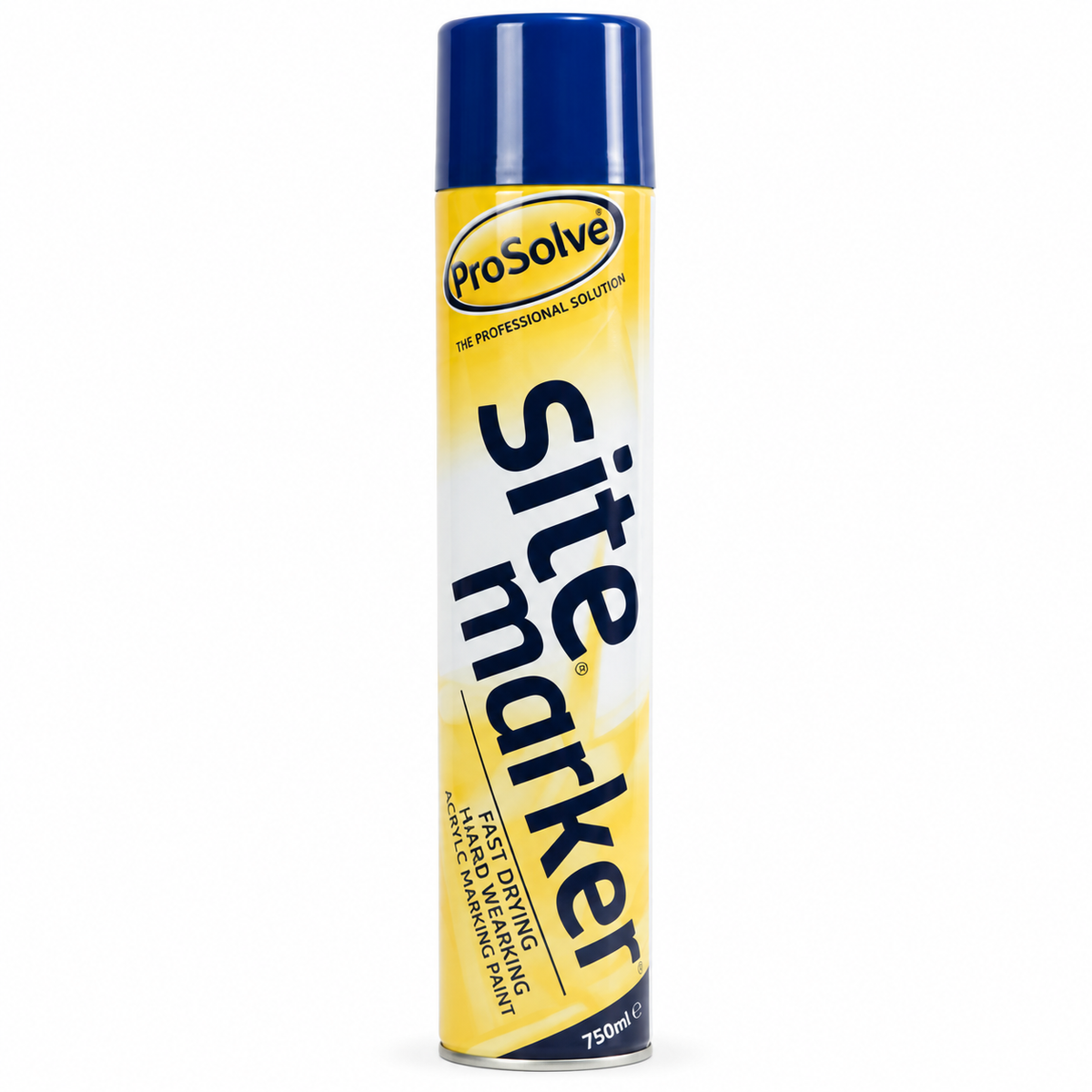 A 750ml can of ProSolve Site Marker rapid drying matte blacking paint, featuring a yellow and white label with a blue cap, set against a plain white background.