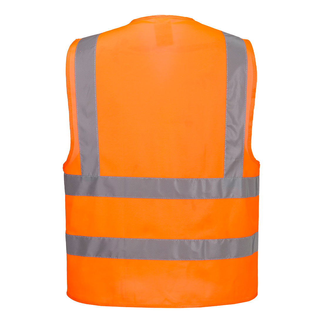 Orange safety vest with reflective stripes on a white background