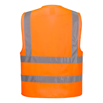 Orange safety vest with reflective stripes on a white background