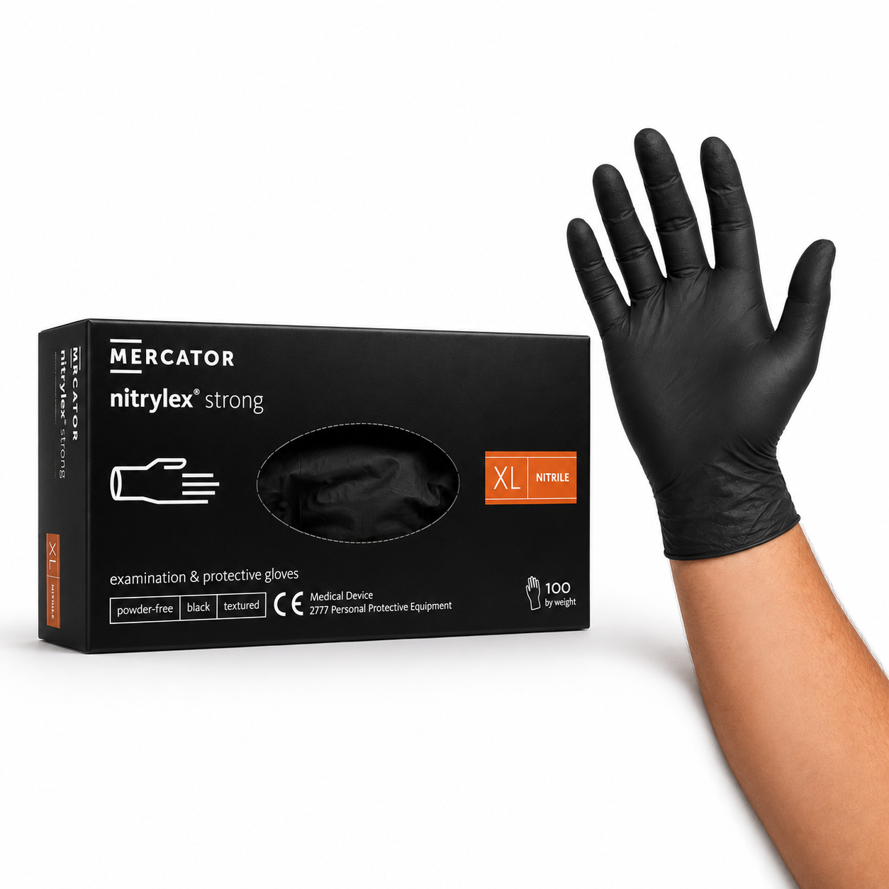 Black nitrile glove with Mercator nitrylex packaging on a white background