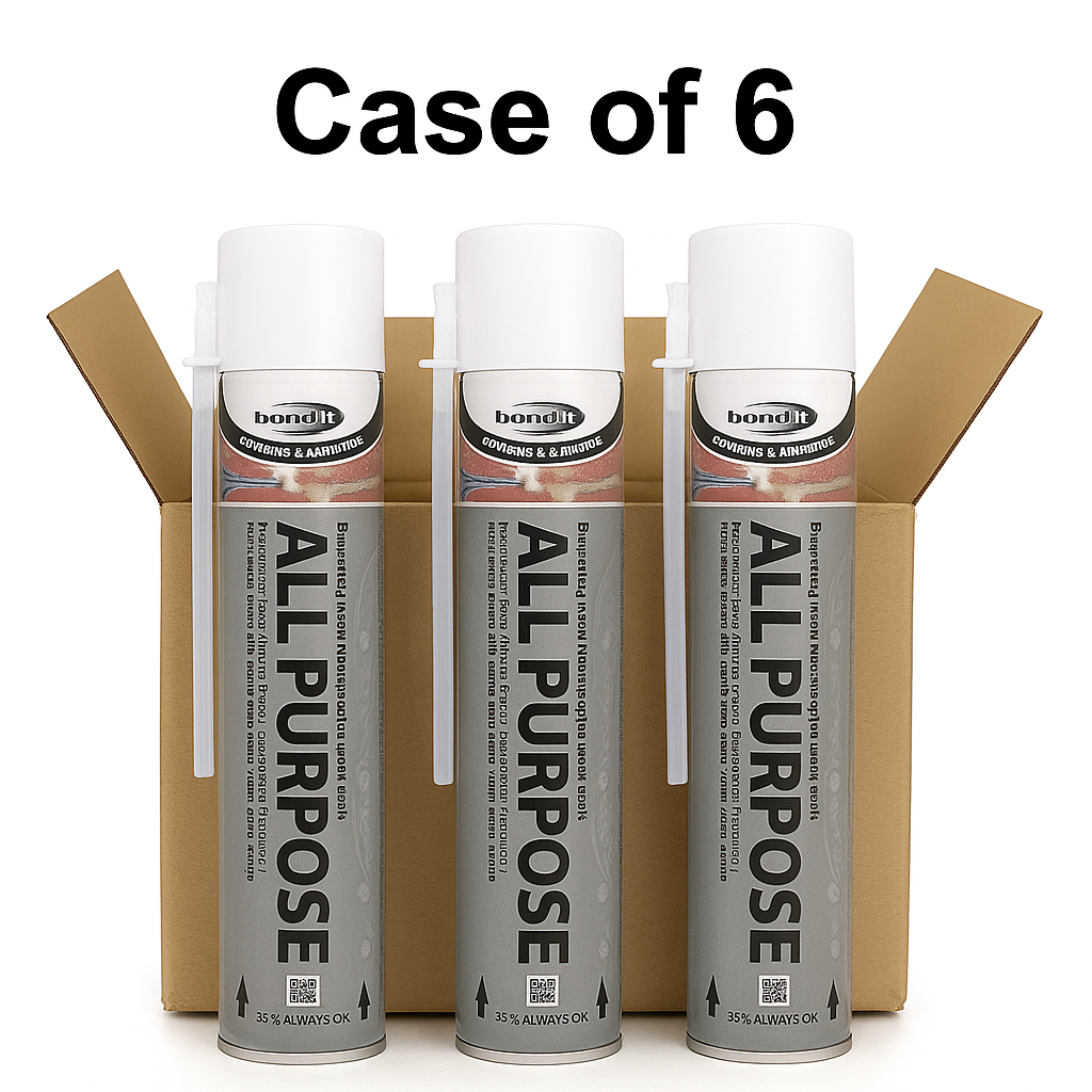 Three cans of Bondit All Purpose spray in front of an open cardboard box with 'Case of 6' text above.