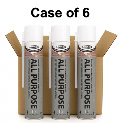 Three cans of Bondit All Purpose spray in front of an open cardboard box with 'Case of 6' text above.