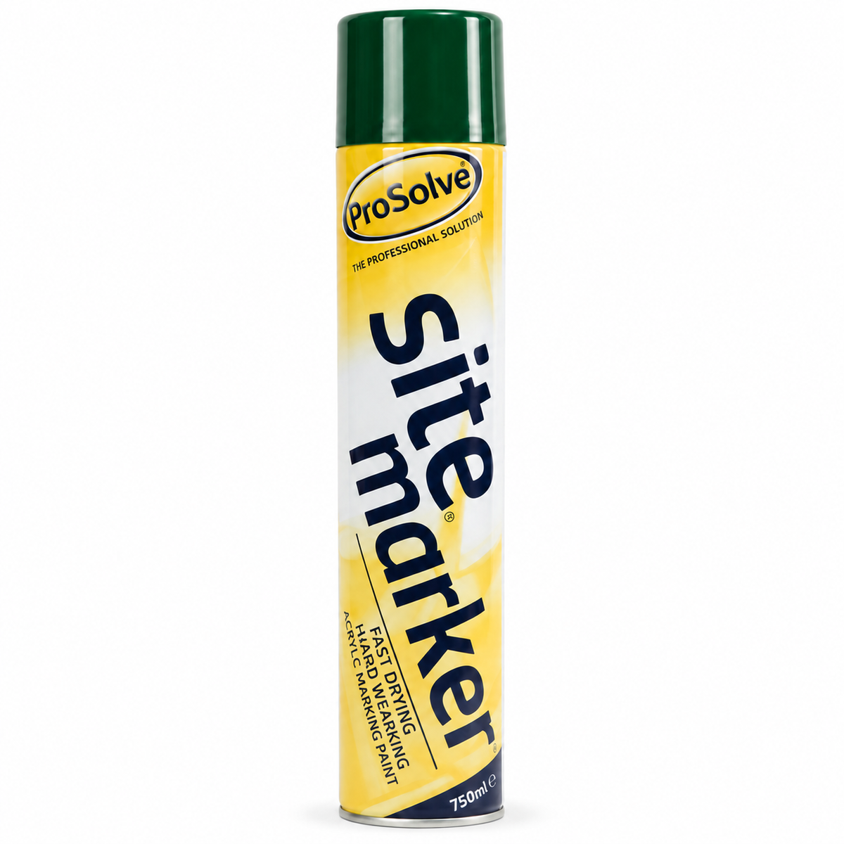 A 750ml can of ProSolve Site Marker fast drying latex priming paint in yellow and white with a dark green cap, shown on a plain white background.