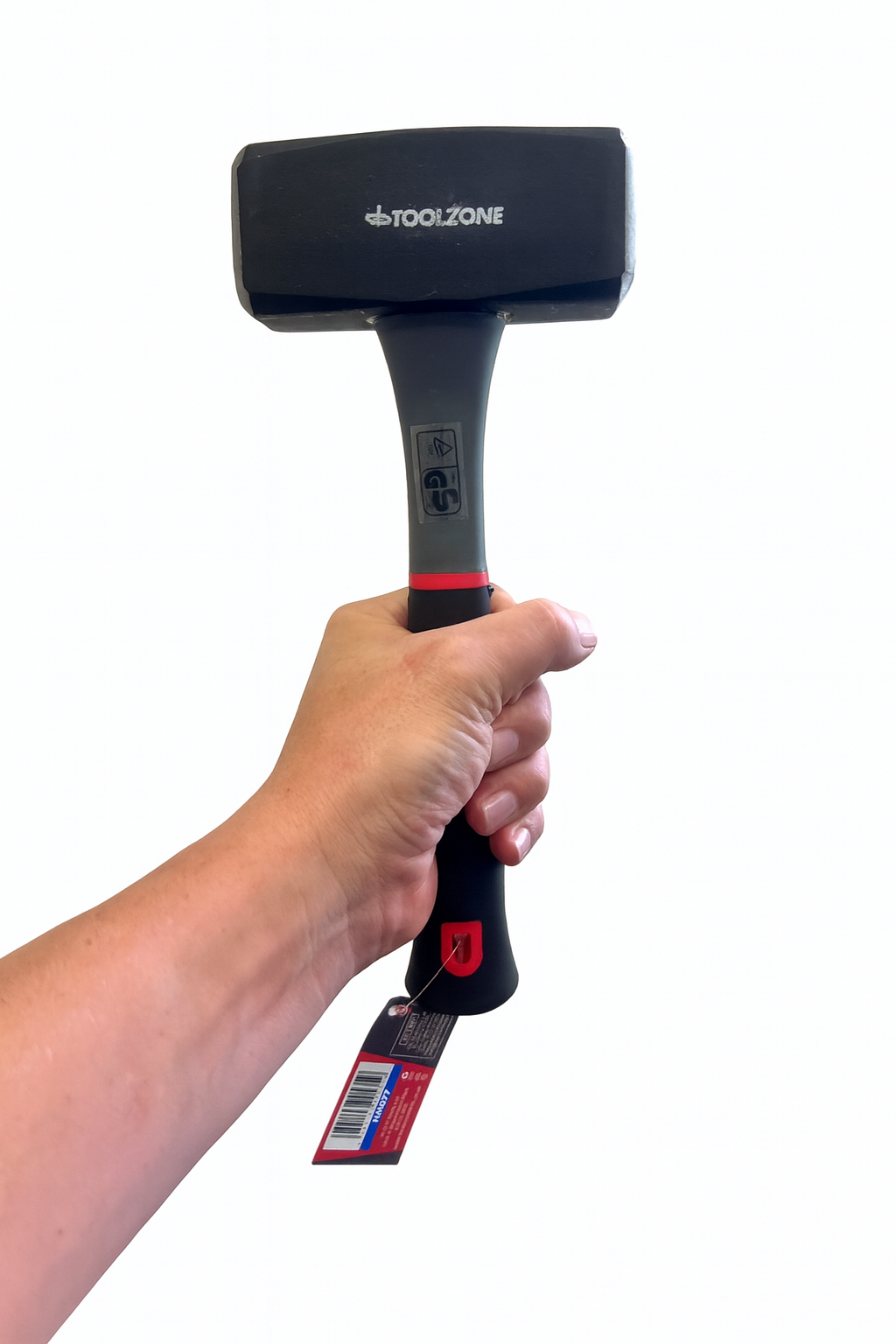 Hand holding a black mallet with Toolzone branding on a white background