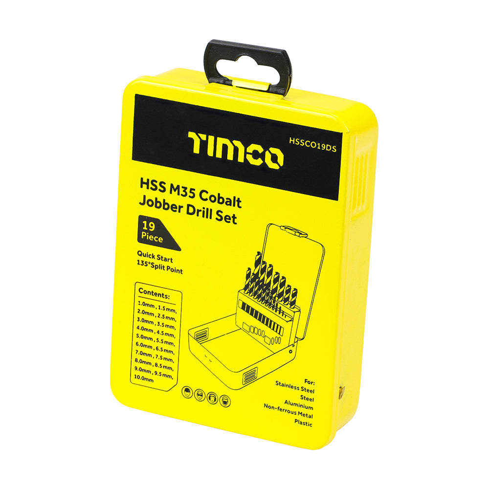 Yellow drill bit set packaging with Timco branding on a white background