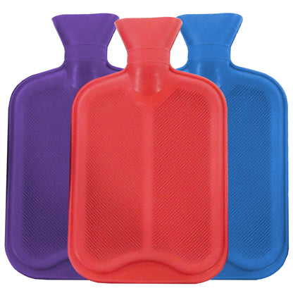 Three hot water bottles in purple, red, and blue on a white background