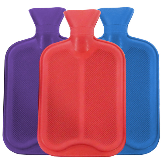 Three hot water bottles in purple, red, and blue on a white background