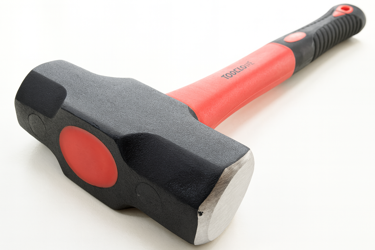 Sledgehammer with a black head and red handle on a white background