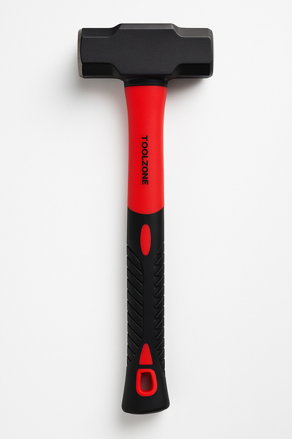 Sledgehammer with black head and red handle on a white background