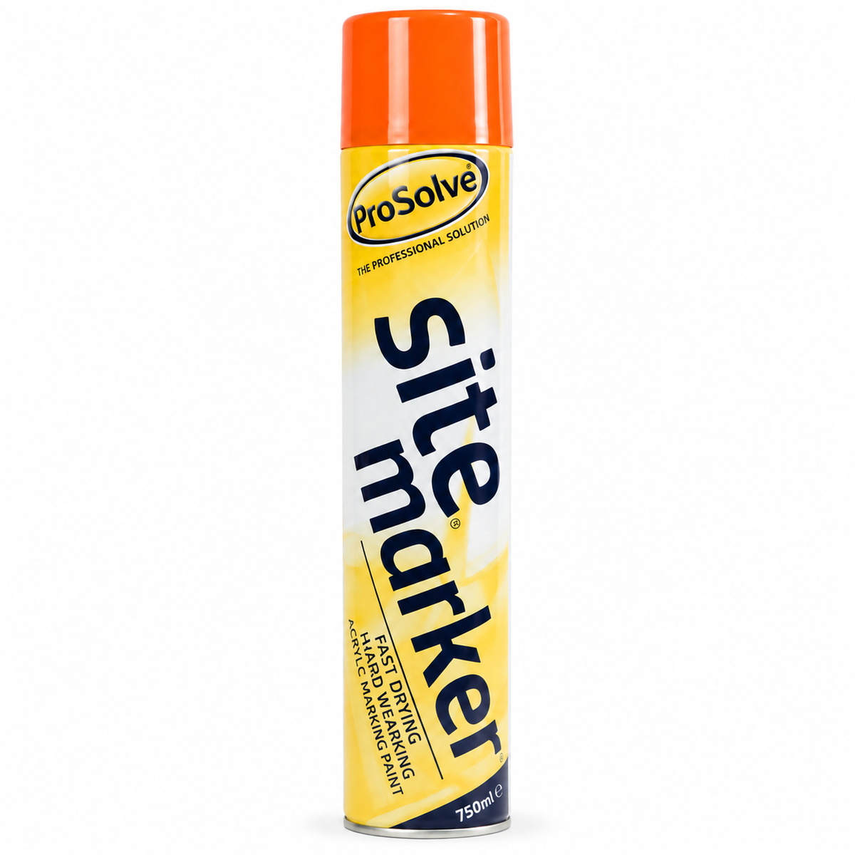 A can of ProSolve Site Marker spray paint marker with a bright orange cap, yellow and white label, and blue text, shown on a plain white background.