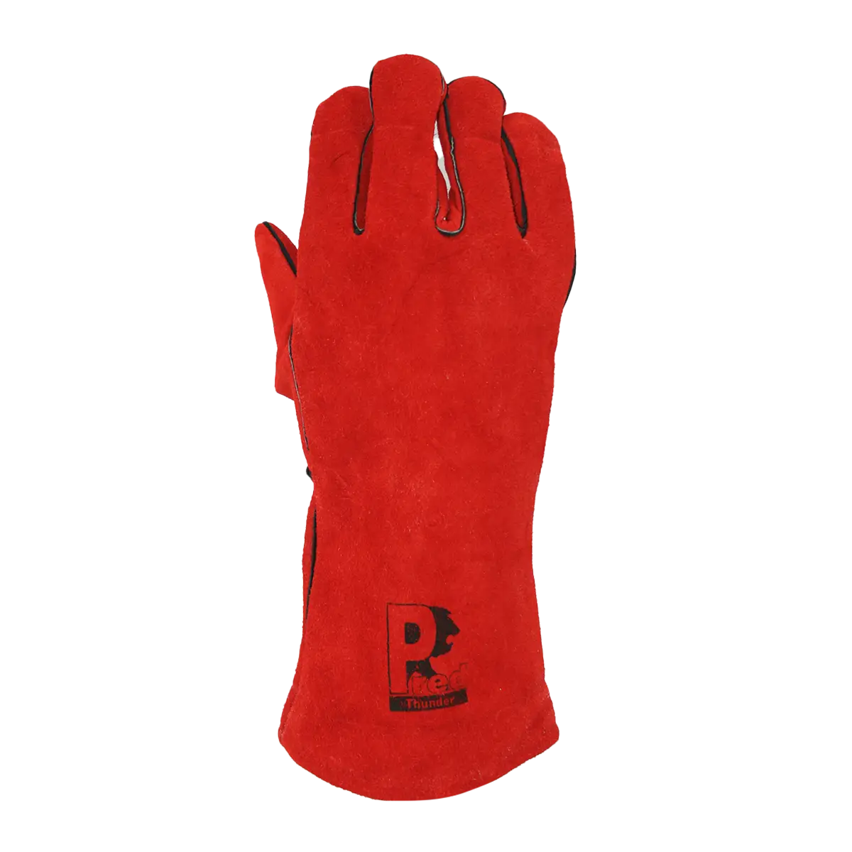 Red leather glove with a logo on a white background