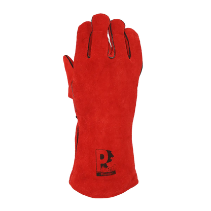 Red leather glove with a logo on a white background
