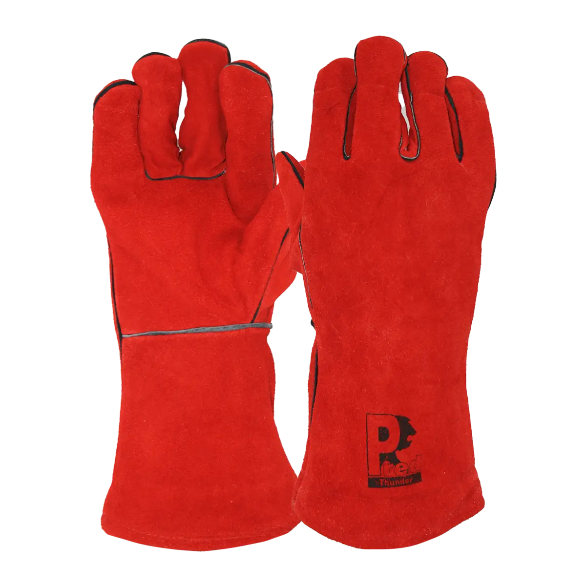 Pair of red welding gloves with a brand logo on a white background