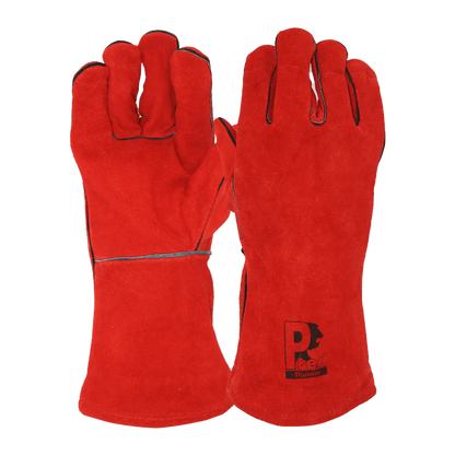 Pair of red welding gloves with a brand logo on a white background