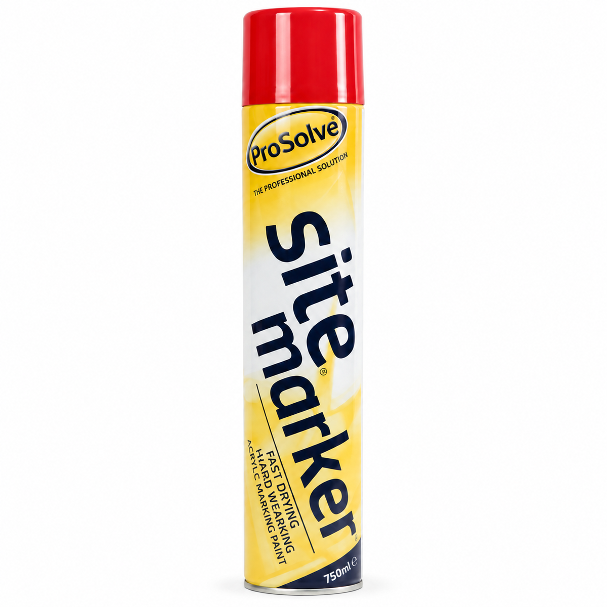 A 750ml can of ProSolve Site Marker fast drying latex priming paint in yellow, featuring a red cap and bold black lettering on a white and yellow background.