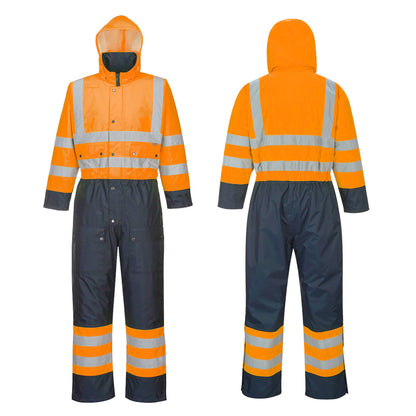 Orange and navy high-visibility coverall with reflective stripes on a white background