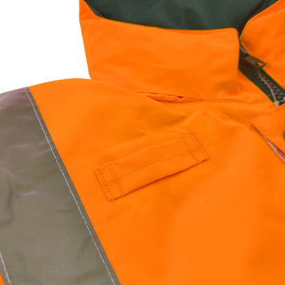 Close-up of an orange and gray jacket with a visible brand logo.