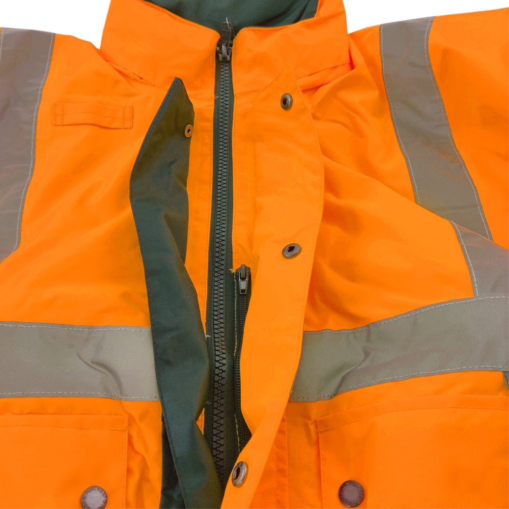 Close-up of an orange safety jacket with reflective stripes