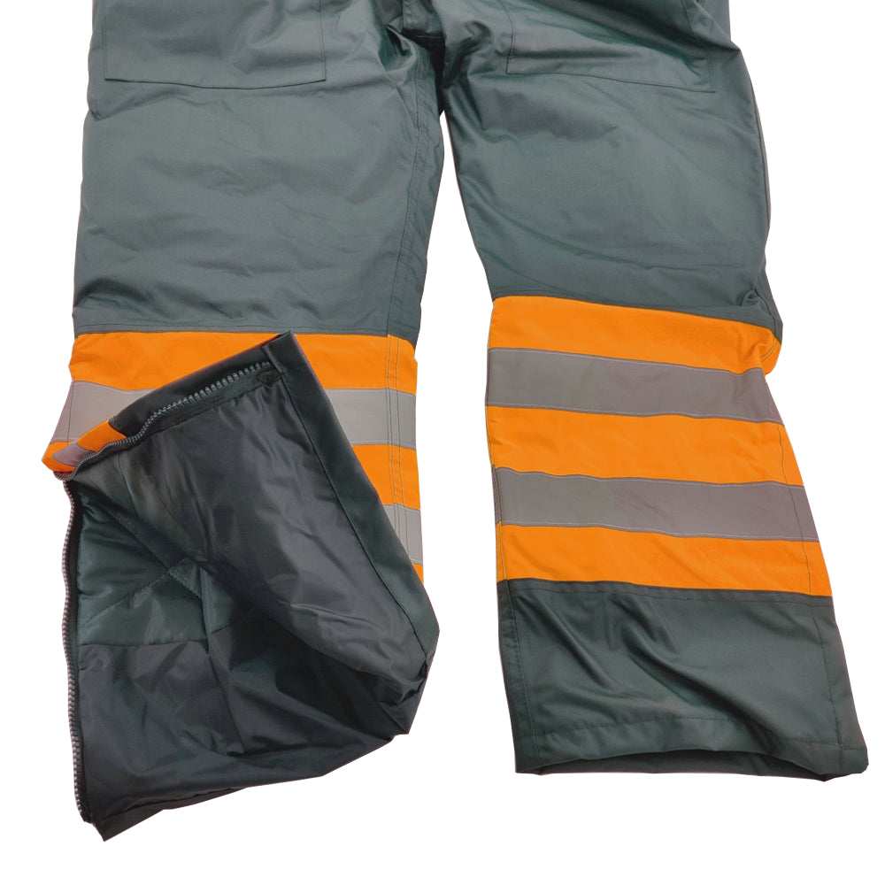 Gray work pants with orange and reflective gray stripes on a white background