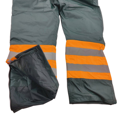 Gray work pants with orange and reflective gray stripes on a white background