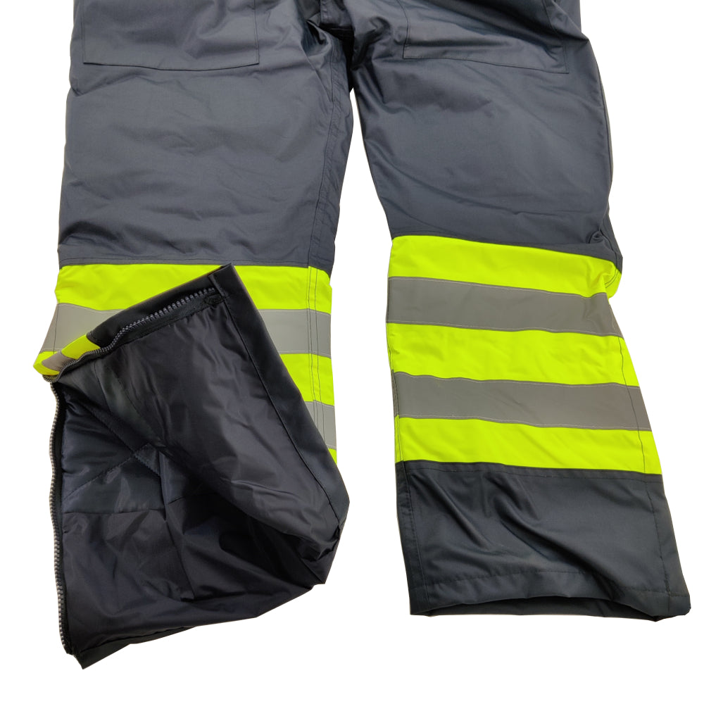 Gray work pants with reflective yellow and gray stripes on a white background