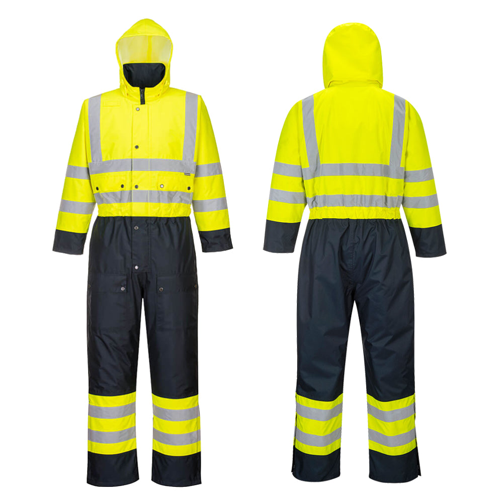 High-visibility safety coverall with reflective stripes on a white background