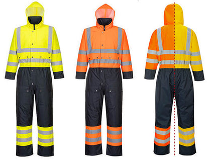 Three views of a high-visibility safety jumpsuit with reflective stripes on a white background.