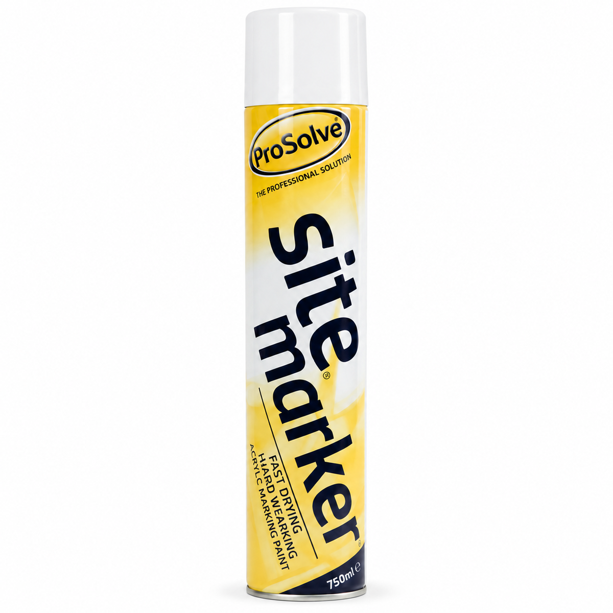 A 750ml aerosol can of ProSolve Site Marker fast drying latex priming paint, featuring a yellow and white label with bold black lettering, set against a plain white background.