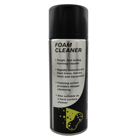 Foam cleaner spray can with black and white label on a white background